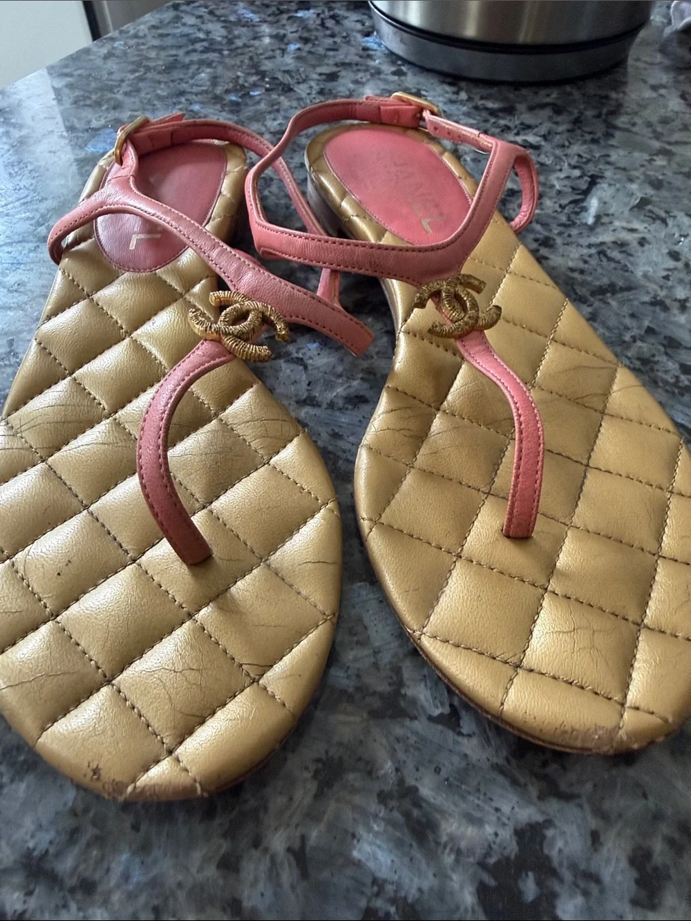 CHANEL Pink and Gold Quilted T-Strap Sandals